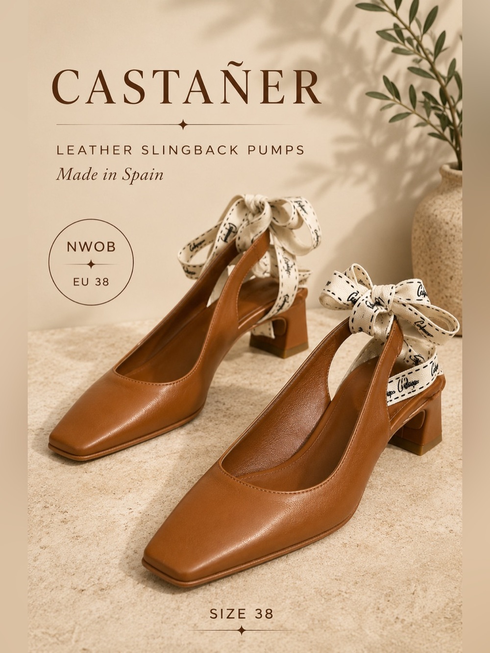Castañer Leather Slingback Pumps Brown Ankle Tie Square Toe Size 38